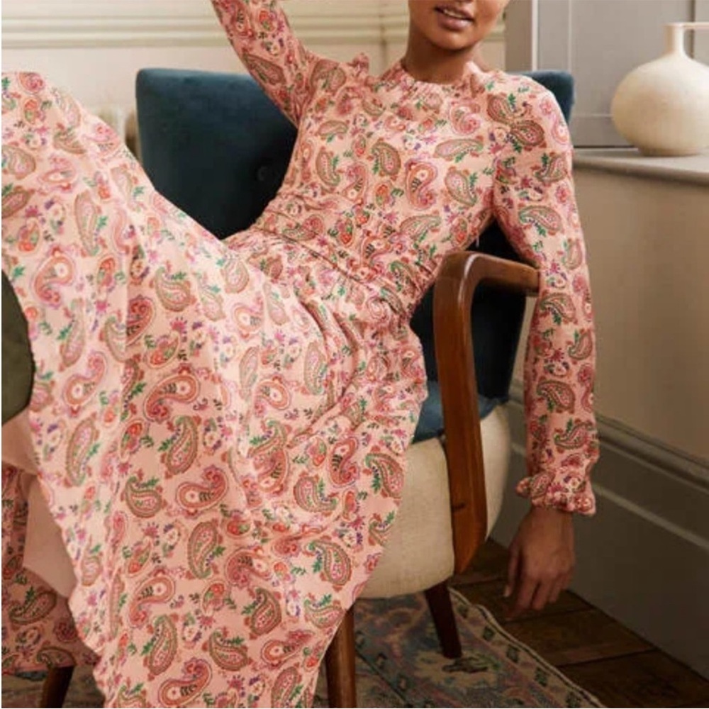 Boden Paisley Ruches Waist Midi Dress Pink Flora Bloom Size 20/22R